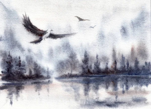 湖泊或河流景观与水景 森林倒影 天空和鹰 手绘水彩画在纸纹理上 栅格位图图像 — 图库照片