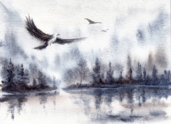 Lake or river landscape with water scene, forest reflections, sky and eagles. Hand drawn watercolors on paper textures. Raster bitmap image