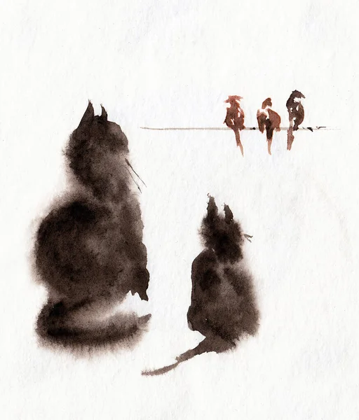 猫和猫坐在一起 看着它们对面铁丝网上的小鸟 手绘水彩画在纸纹理上 栅格位图图像 — 图库照片