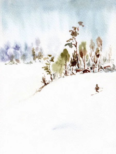 Winter Landscape Small Village Hill Skier Rolls Snowdrift Hand Drawn — Stock Fotó
