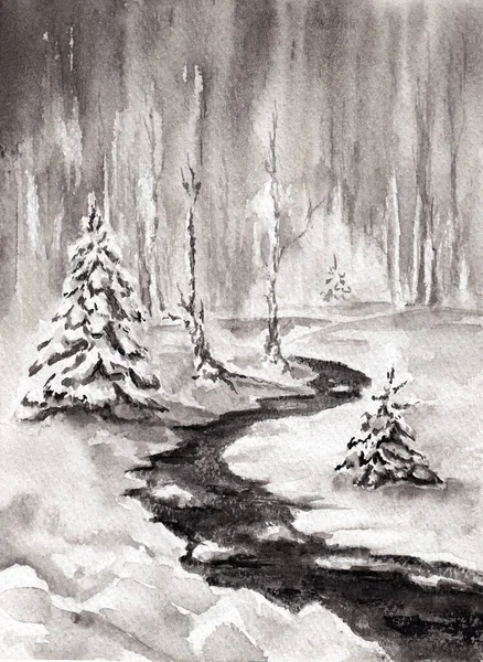 Stylized landscape with few firs and trees in winter forest under snow. Small river or stream with dark water. Hand drawn monochrome watercolors on paper textures. Raster bitmap image