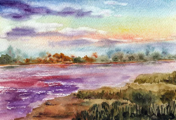 Primitive landscape with river,  trees group on horizon, shore and sunset sky. Hand drawn watercolors on paper textures. Raster bitmap image