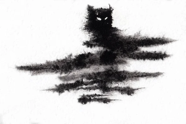 Абстрактна Картина Схожа Голову Божевільного Кота Рука Намальована Китайським Чорнилом — стокове фото
