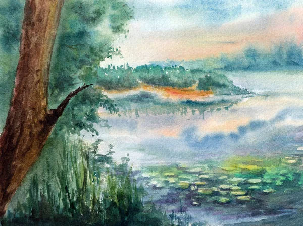 Simple landscape with river,  trees group, leaves of water lily and sunset sky. Hand drawn watercolors on paper textures. Raster bitmap image