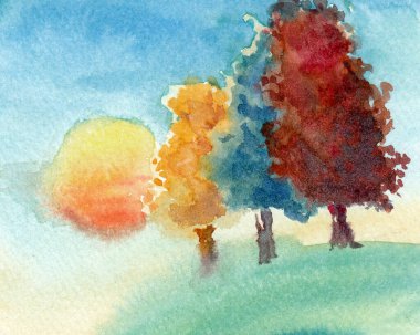 Minimalist primitive landscape with three trees group different colors and sunset sky. Hand drawn watercolors on paper textures. Raster bitmap image
