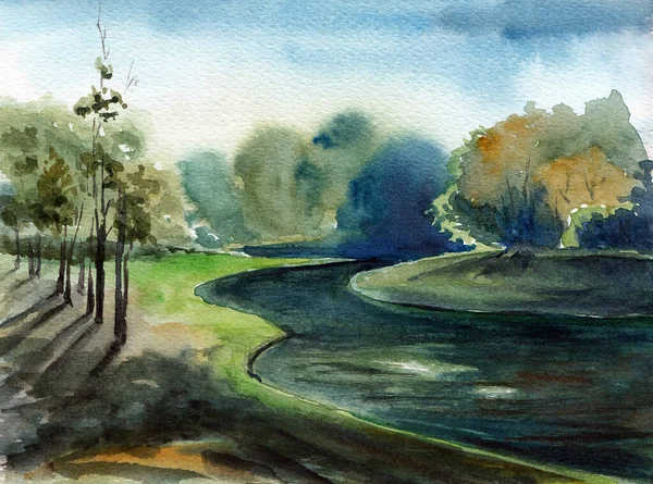 Simple Landscape River Trees Group Blue Sky Hand Drawn Watercolors — 스톡 사진