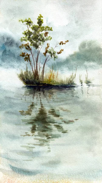 Simple Landscape Water Trees Group Small Island Reflections Hand Drawn — 스톡 사진