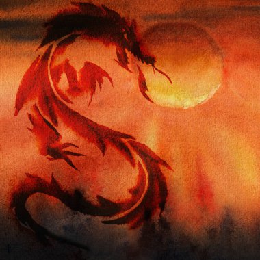 Fabulous dragon against the background of setting sun in red and black colors.. Hand drawn watercolors on paper textures. Raster bitmap image