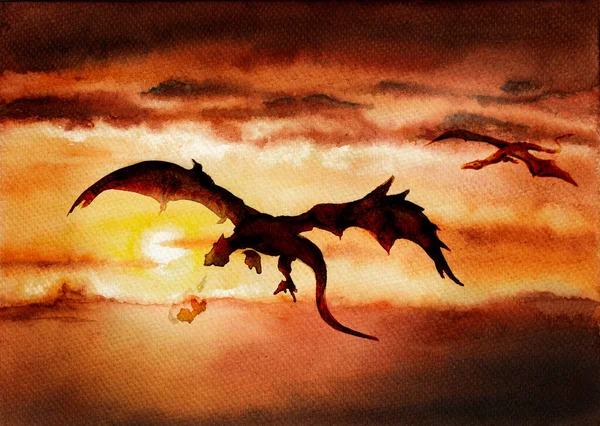 Fabulous dragons fly against the background of setting sun in red and black colors.. Hand drawn watercolors on paper textures. Raster bitmap image