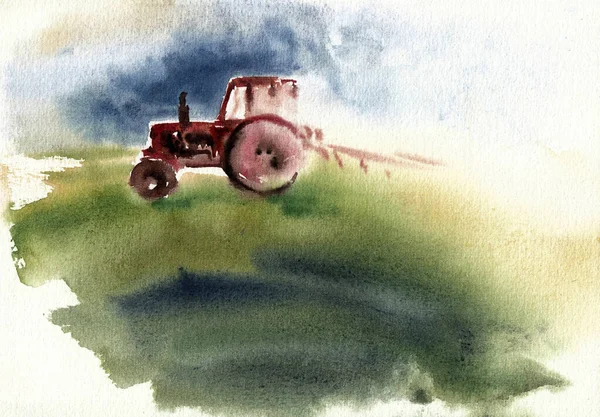 The tractor plows on a green field against a blue sky.. Hand drawn watercolors on paper textures. Raster bitmap image