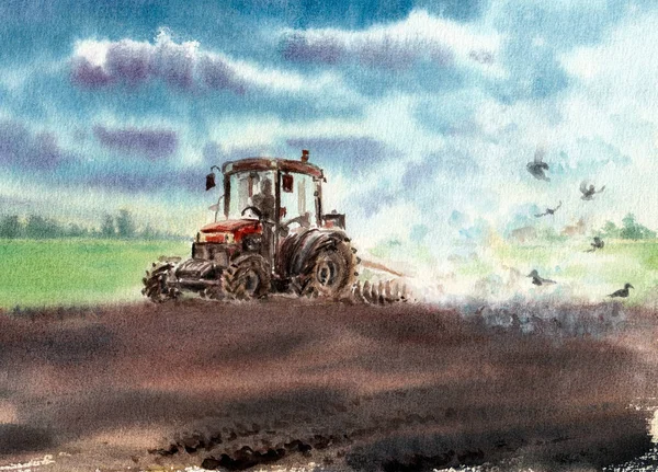 The tractor plows on a green field against a blue sky and birds.. Hand drawn watercolors on paper textures. Raster bitmap image