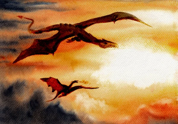 Fabulous Dragons Fly Background Setting Sun Red Black Colors Hand — Stock Photo, Image