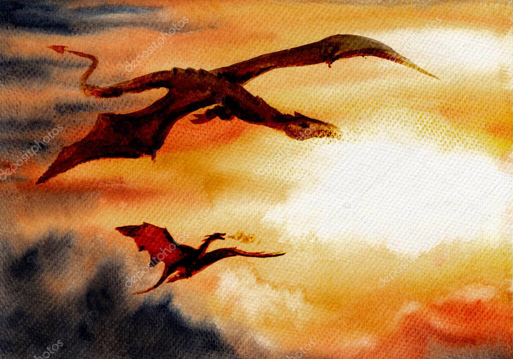 Fabulous dragons fly against the background of setting sun in red and black colors.. Hand drawn watercolors on paper textures. Raster bitmap image