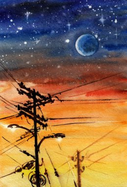 Gece yıldızlı gökyüzüne ve aya karşı bir sürü elektrik kablosu ve feneri olan iki elektrik direği. Kağıt dokulara el çizimi suluboya. Raster bitmap resmi