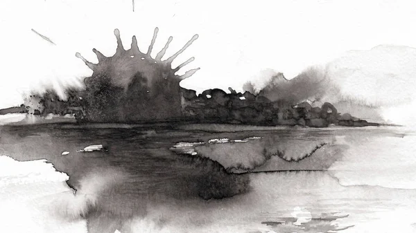 以太阳为墨迹的抽象风景 手绘中国墨水在纸纹理上 笔画的集合 栅格位图图像 — 图库照片