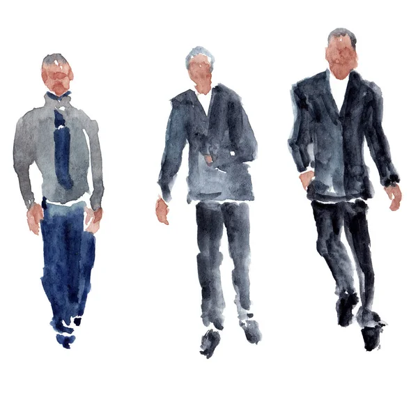 Minimalist Στυλ Σκίτσο Τρεις Άνδρες Περπάτημα Απομονωμένο Λευκό Υδατογραφία Χειροποίητη — Φωτογραφία Αρχείου