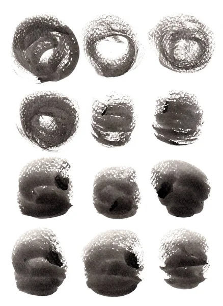 20を12個の異なる形状の抽象的なラウンドスポットで設定します 白に隔離されてる 紙の質感に中国のインクを手描き 水墨画コレクション ラスタービットマップ画像 — ストック写真
