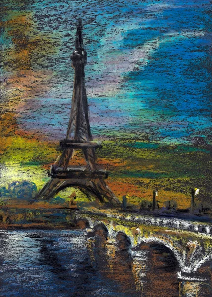 Eiffel Tower and bridge in Paris against the background of a bright sunset sky. Hand drawn oil pastel on black paper. Raster bitmap image