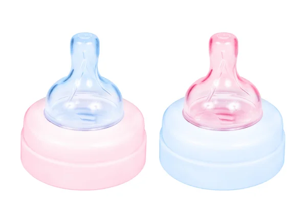 婴儿奶瓶盖粉色和蓝色 — 图库照片