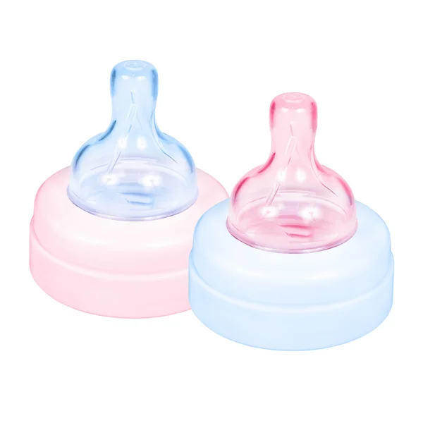 婴儿奶瓶盖粉色和蓝色 — 图库照片