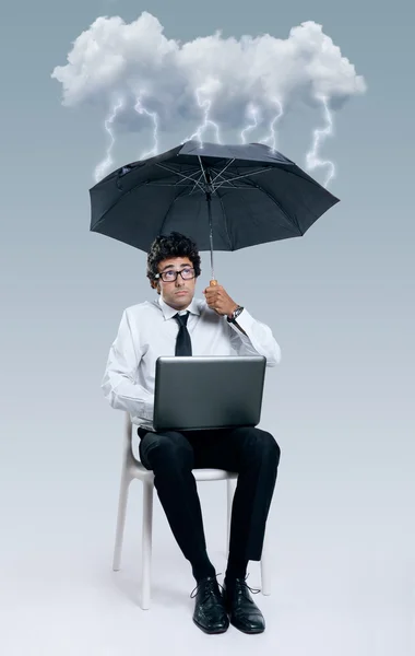 Businessman having problems with cloud computing technology — Stock Photo, Image