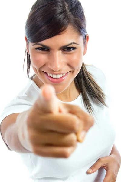 Mujer joven y feliz señalando a la cámara —  Fotos de Stock