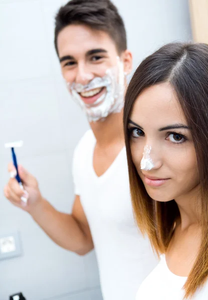 Young couple having fun in the bathroom — Stock Photo, Image