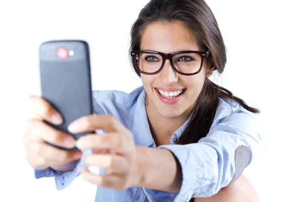 Cute brunette woman taking photo of herself — Stock Photo, Image