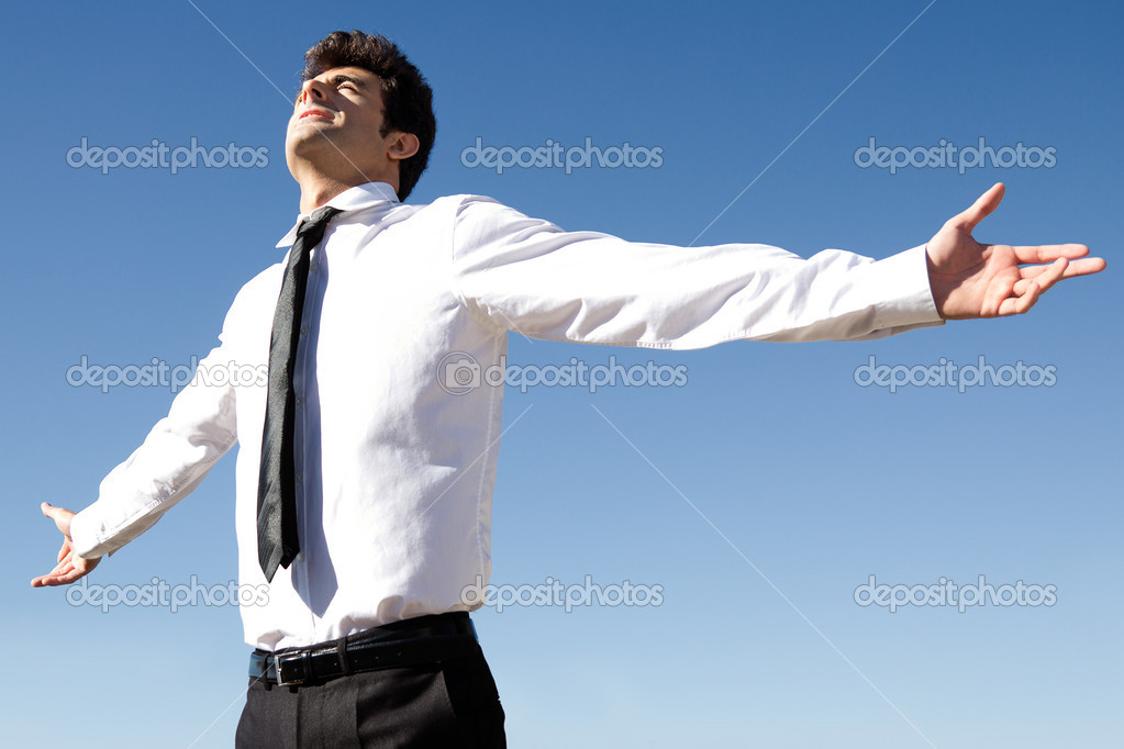 Happy successful business man raised arms with sky in the backgr
