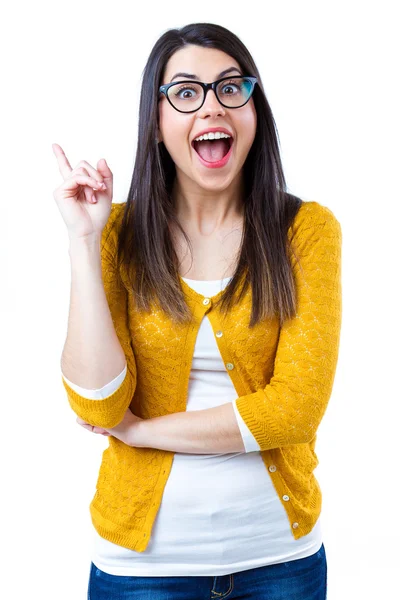 Woman pointing up — Stock Photo, Image