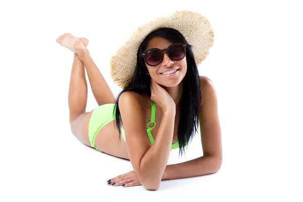 Happy young girl with hat and green bikini — Stock Photo, Image