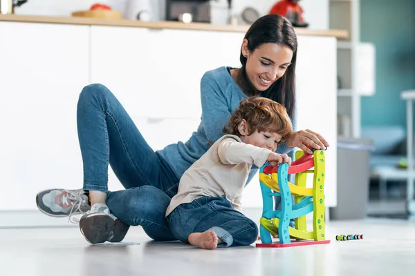 Shot Young Beautiful Mother Playing Floor Her Son Living Room — Stock Photo, Image