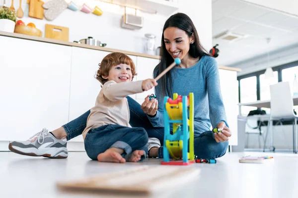 Shot Young Beautiful Mother Playing Floor Her Son Living Room — Stock Photo, Image