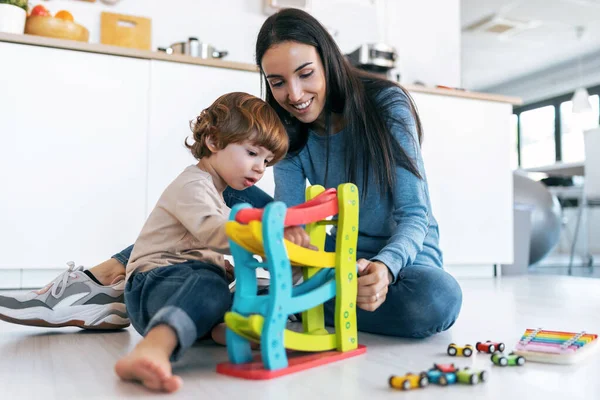 Shot Young Beautiful Mother Playing Floor Her Son Living Room — Stock Photo, Image