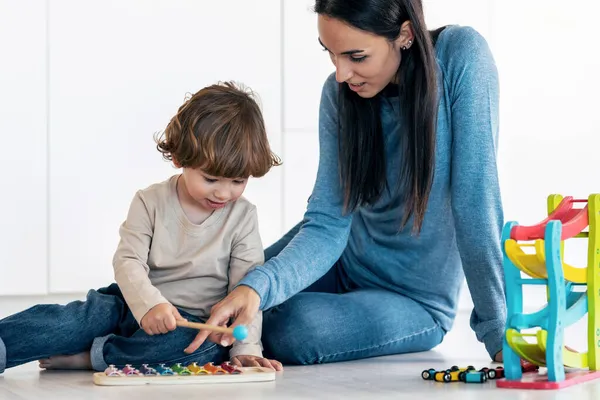 Shot Young Beautiful Mother Playing Floor Her Son Living Room — Stock Photo, Image