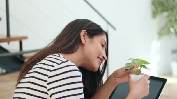 Vídeo Mulher Bonita Ter Uma Pausa Trabalho Enquanto Cuida Suas — Vídeo de Stock