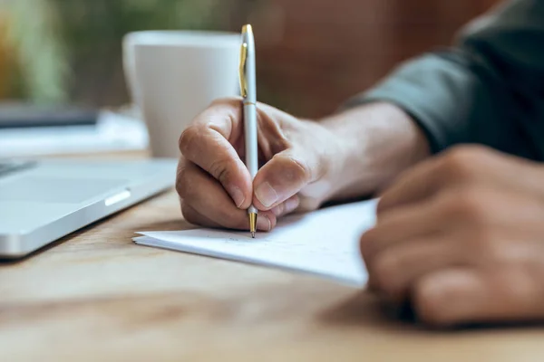 Close Hand Mature Business Man Writing Some Notes Notebook While — Stock Photo, Image