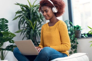 Güzel bir kadının dizüstü bilgisayarını kullanırken evde oturup kulaklıkla müzik dinlerken çekilmesi..