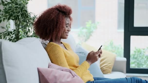 Gülümseyen Genç Bir Kadının Evdeki Koltukta Otururken Cep Telefonunu Kullanmasının — Stok video