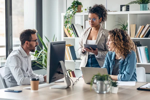 Birlikte çalışma alanındaki çalışmaların sunumu için bilgisayarın başında duran başarılı çok yönlü ekibin çekimi.