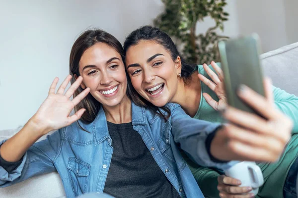 Shot Two Happy Beautiful Women Doing Video Call Laptop Sitting — Stock Photo, Image