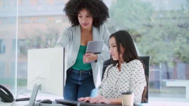 Modern bir girişimde dizüstü bilgisayarla çalışan iki iş kadınının videosu.. 