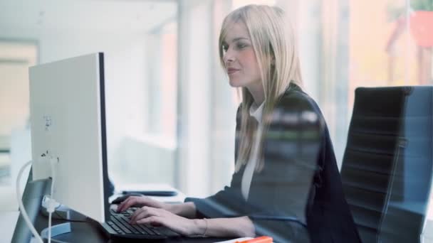 Vídeo Bela Jovem Mulher Negócios Trabalhando Com Computador Enquanto Sentado — Vídeo de Stock