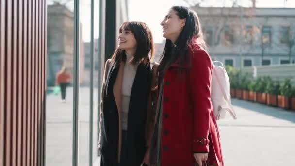 Video Två Vackra Vänner Prata Och Kul När Går Stadens — Stockvideo