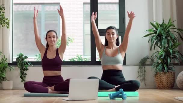 两名年轻的女运动员在家中通过笔记本电脑在网上健身课之后进行运动的视频 — 图库视频影像