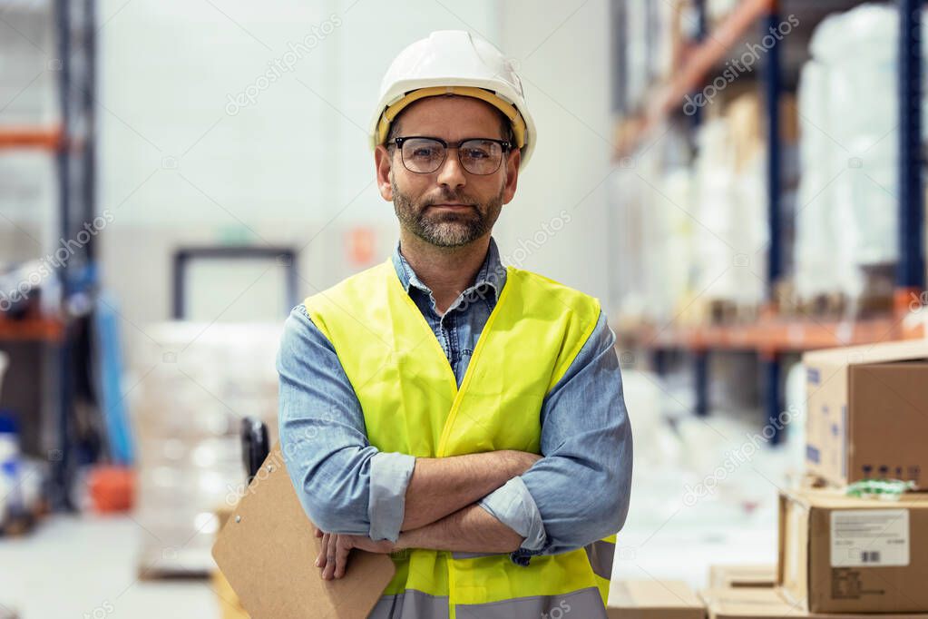 Shot of mature worker looking at camera while passing list of material that has arrived at the store warehouse.