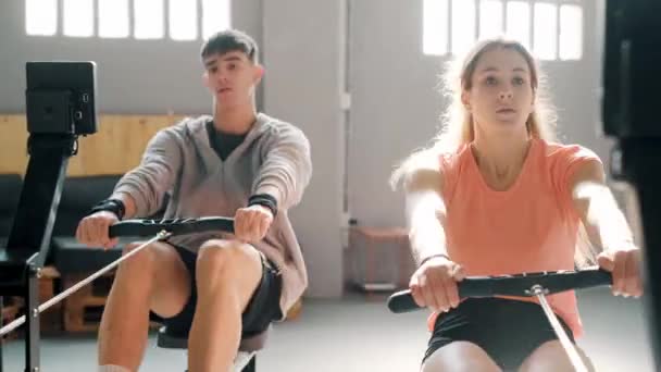 Spor Salonunda Kürek Çekme Makinesiyle Çalışan Atletik Kadın Adamın Videosu — Stok video