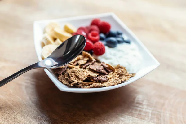 Shot Yogurt Bowl Fresh Berries Granola Banana Served Living Room — Foto Stock