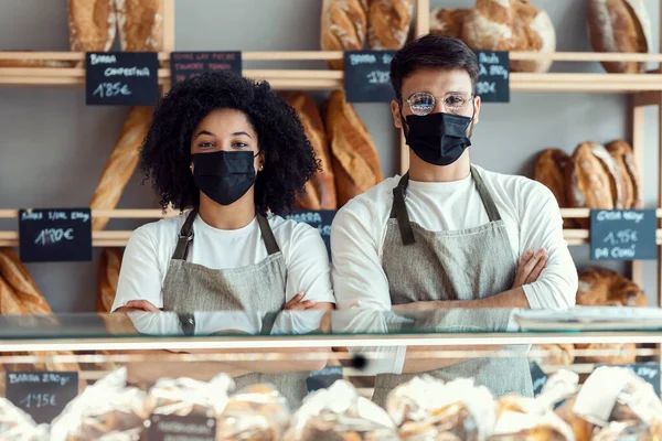 Portrait Two Younger Owners Selling Fresh Pastry Loaves Bread Section — 스톡 사진