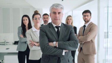 Modern başlangıçta kameraya poz veren ve bakan başarılı iş çok-yaş takımının videosu.